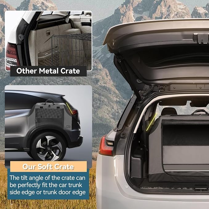 PETSFIT Travel Dog Crate, Soft Dog Crate - 30 Inch Sturdy Adjustable Structure, Easy to Set Up, Perfect for Car, Light Tough with 3 Mesh Doors Grey