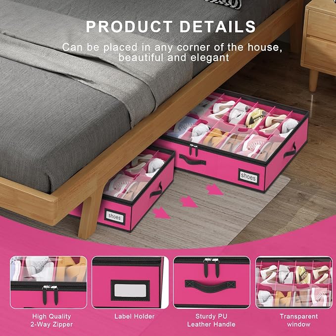 Shoe Organizer Under Bed, Fits 32 Pairs, Under bed Shoe Storage Boxes with Study Handles and Clear Cover, zapateras organizer for shoes, set of 2