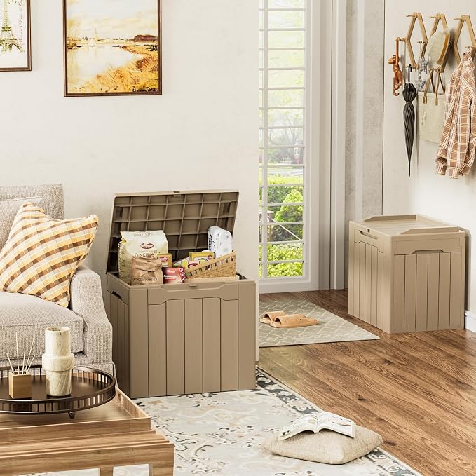 YESHOMY 30 Gal Plastic Storage Bins with Lid Stackable Box Organizers for Living Room, Office, Dorm, 2 Pack, Light Brown