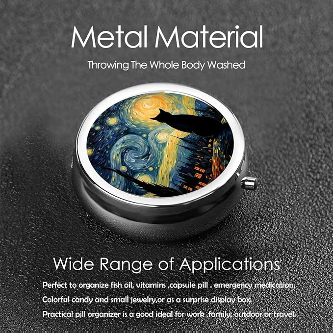 Pill Box, Small Pill Organizer with 3 Compartments and Mirror, Cute Round Portable Travel Metal Pill Case for Pocket or Purse, Privacy-Protecting Medicine Box-Starry Sky Cat