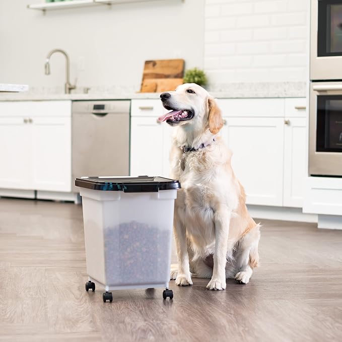 IRIS USA Dog Food Storage Container, Up to 25 lbs, Pearl/Black, Made in USA | Wheels for Mobility, Airtight Seal, BPA-Free, Best for Bird Seed, Cat food, Cat Litter, Chicken Feed, Pellets