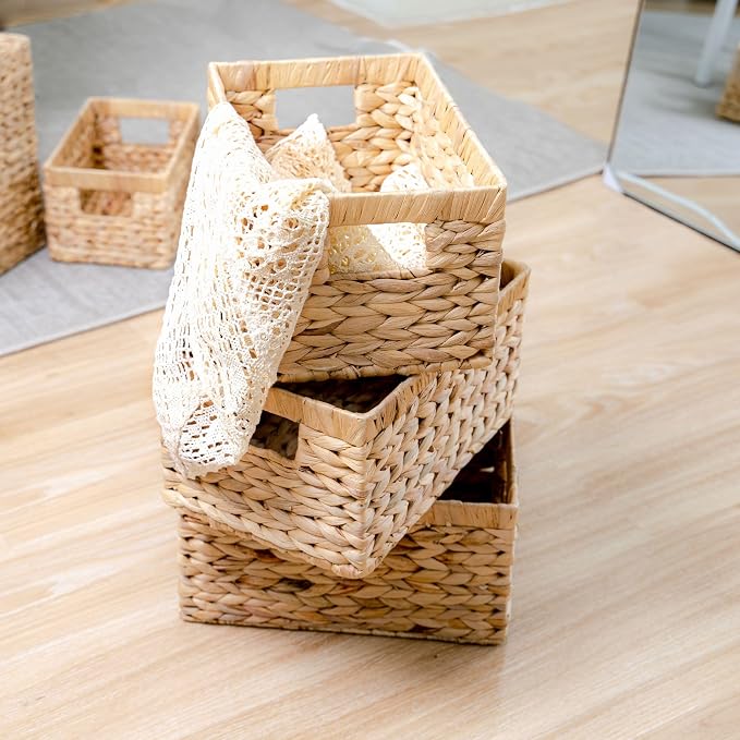 M4DECOR Set of 3 Rectangular Wicker Storage Baskets for Shelves | Water Hyacinth Storage Baskets, Pantry Baskets for Organizing, Handwoven Wicker Baskets for Storage
