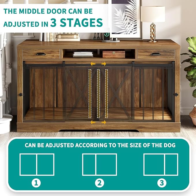 YITAHOME 63" Double Dog Crate TV Stand with Charging Station for 2 Dogs | Heavy Duty Wooden Cage, Dog Kennel Indoor Furniture Double Sliding Barn Door Design Ideal for 2 Dogs, Oak