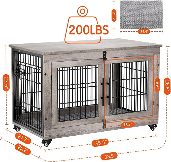 2 Pack Dog Crate Furniture, 38'' Heavy Duty Kennel with Cushion & Wheels | Grey, Double Doors, Wooden Dog Cage, Chew-Resistant, End Table, Decorative, 27"/32"/38"/44" Options, Indoor