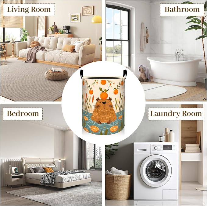 Capybara Laundry Basket, Cute Orange Fruit Foldable Oxford Cloth, Waterproof Dirty Clothes Hamper with Handles, Clothing Storage Bin Toy Organizer for Bedroom Dorm Bathroom, 19.7"x15.7"