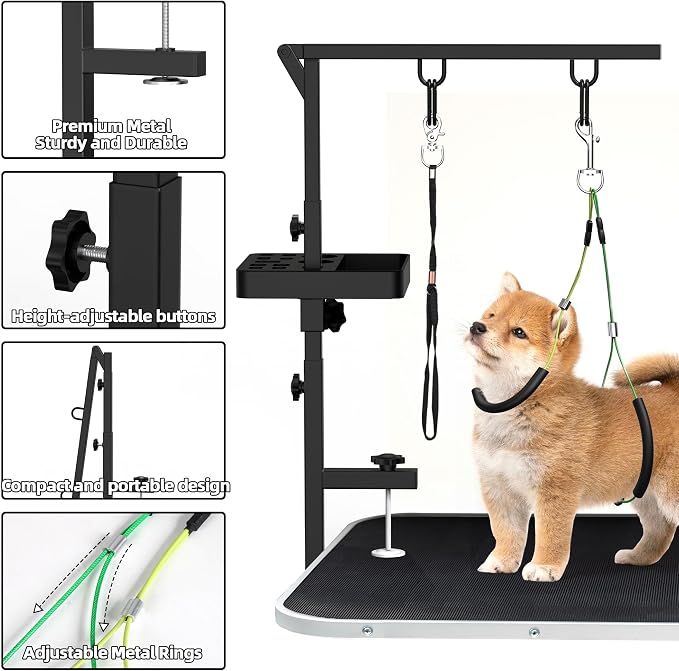 Dog Grooming Arm with Tray, 38" Pet Grooming Table Arm with Adjustable No Sit Haunch Holders, Pet Grooming Stand with Clamp for Small & Medium Pets