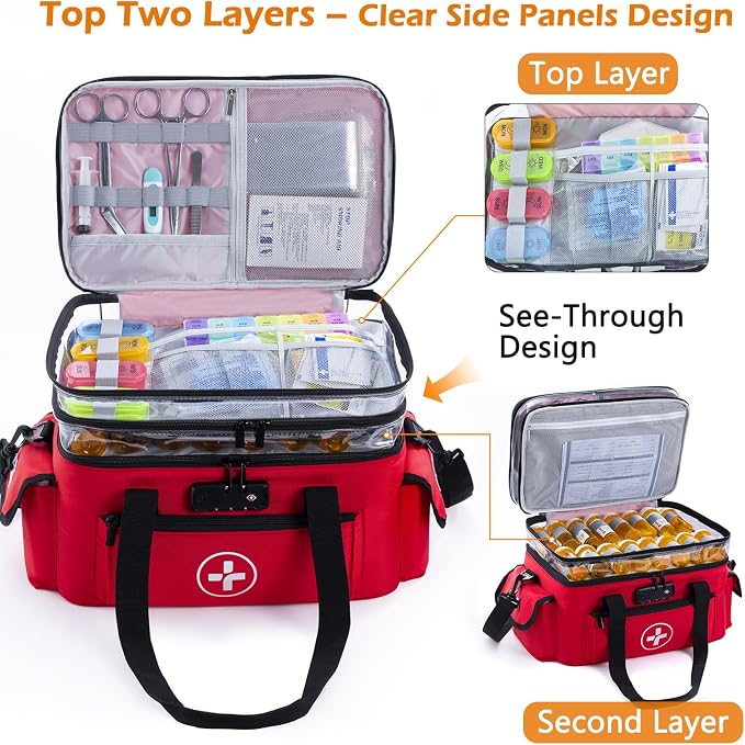 BAGSFY 3-Tier Medicine Organizer with Combination Lock – Large Medicine Bag, Empty First Aid Kit Case, Pill Bottle Medical Supply Organizer, Travel Prescription Bag, Medication Storage Container