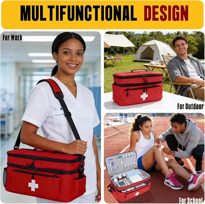 First Aid Bag Empty 2-Layer Large 16" x 9½"x7 Red | Reinforced Medical Bag Pill Bottle Box Portable Emergency Bag for Outdoor & Home, Travel Madicine Bag with Shoulder Strap