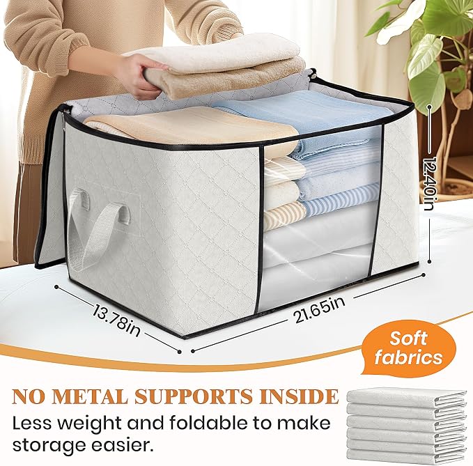 4 Pack Storage Bags for Clothes Blanket Storage Bins with Lids | Foldable Closet Organizers with Zippers,Window and Handles,Fabric Storage Bins for Sweater,Comforter,Bedding,Dorm essentials