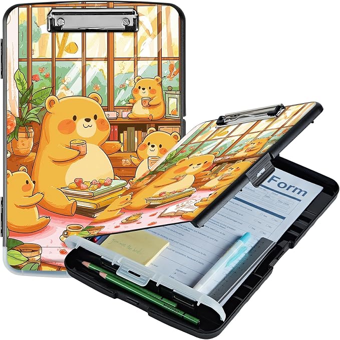 A4 Clipboard with Storage Pen Holder, Clipboards Organizer Nursing Clipboard Foldable File Folder Plastic Clipboard Folio Clip Board for Office Work Classroom Doctor, Bear Lunch