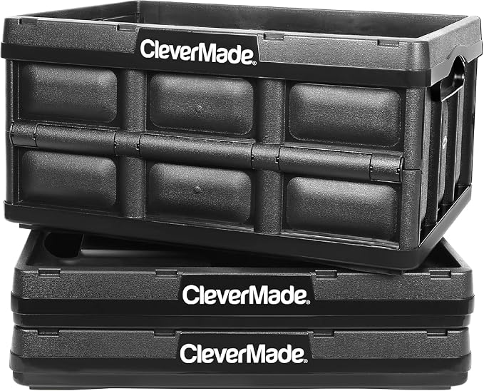 CleverMade Collapsible Storage Bins, 32L, 3 Pack Foldable Storage, Obsidian | Turn Trunk and Garage Clutter into Stackable Order | Reinforced Plastic Handles Up to 66 lb, Then Nests Compactly When Folded