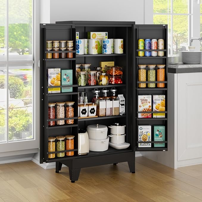 Black Kitchen Pantry Storage Cabinet, 48" Metal Storage Cabinet | Steel Storage with Doors and 3 Adjustable Shelves, Metal Freestanding Buffet Cupboards Sideboard, for Office, Home, School