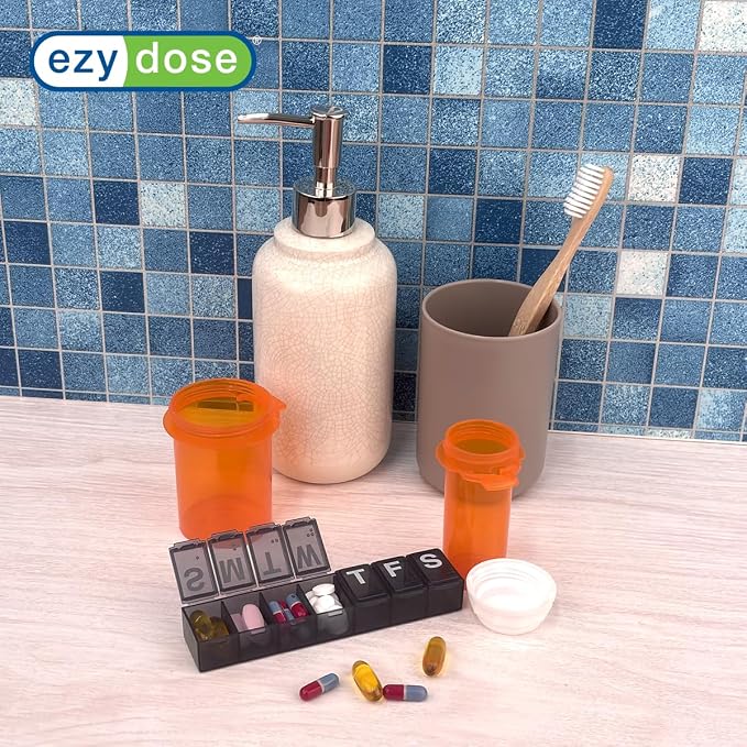 Ezy Dose Weekly (7-Day) Pill Organizer, Medium Planner, Black, BPA-Free | Compact Daily Vitamin & Supplement Medicine Case, Pop Up Compartments, Convenient and Easy to Use, Travel-Friendly, BPA-Free