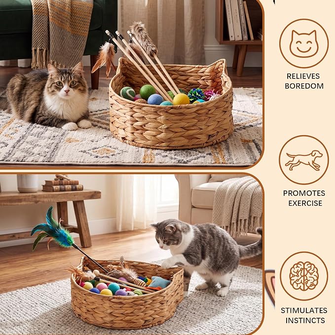 16×12×5 Inch Handwoven Cat Head Toy Storage Basket Natural Woven Bin Organizer for Gift Pet Toy Towels Blanket Clothes