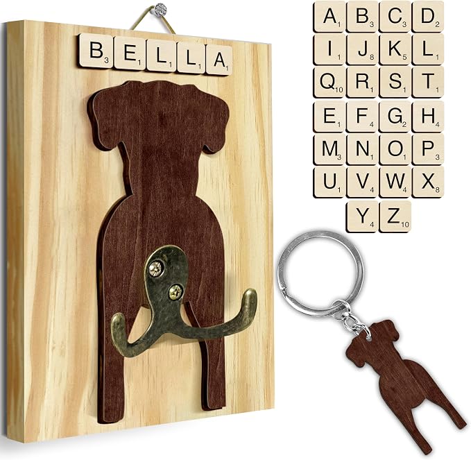 Great Dane Dog Leash Holder Wall Mount with Scrabble Letters, Wooden Dog Wall Hook Organizer, Pet Collar and Harness Holder Entryway, Key Hook and Leash Rack, Gift for Pet Lovers, Home Decor PF297-40