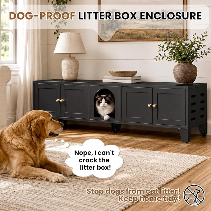 Cat Litter Box Enclosure for 2 Cats, 58" Long Metal Pet House Washroom Dog Proof Furniture, Double Hidden Little Box Cabinet, Living Room TV Stand Table, Indoor Cat House, Assembly Required