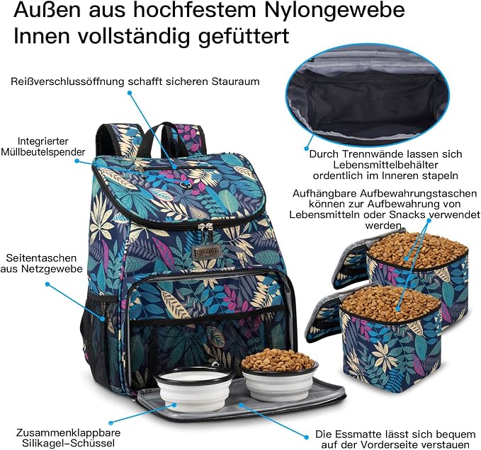 BAGLHER丨Dog Travel Bag, Airline Approved Pet Supplies Backpack, Dog Travel Backpack with 2 Silicone Collapsible Bowls and 2 Food Baskets