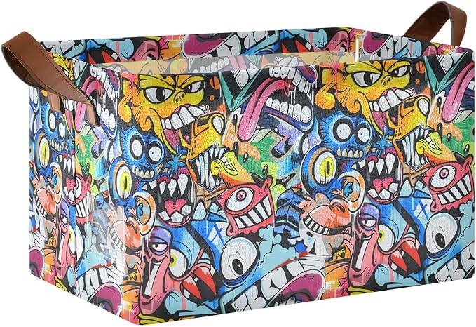 Colorful Street Graffiti Art Monkey Baby Storage Basket with Labels&Handles Rectangular Waterproof Nursery Storage Bins Collapsible Shelf Organizer Baskets for Kids Books Cloth Gift Toys Laundry
