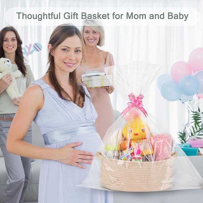 COMSE Small Woven Basket with Gift Bags and Ribbons, Gift Basket Empty, Cotton Rope Storage Organizer, Baby Toy Box with Handles, 12" x 8" x 5", Beige