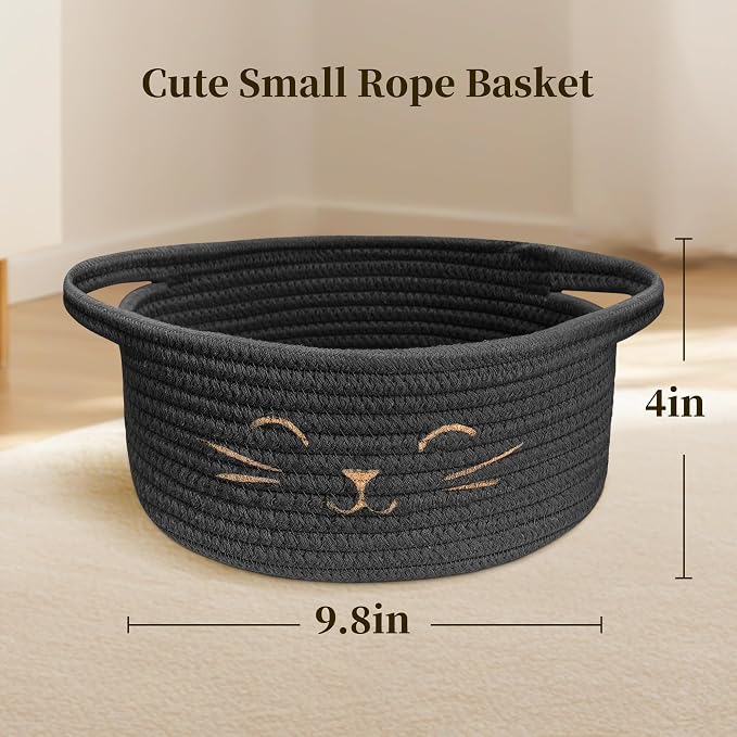 Small Cat Toy Basket, Gift Baskets Empty for Baby Shower,9.8" x 4" | Boo basket Cute Woven Rope Storage Basket for Home Decor, Baby Baskets for Nursery, Cat Pet toy box, Black