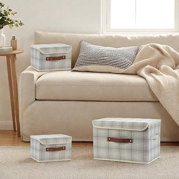 2PCS Storage Box with Lid Decorative Textured Fabric Bin Basket | Clothes Organizer for Closet Shelf, Collapsible Washable, w/ Faux Leather Handles, Silver Gray (3D Textured), Small