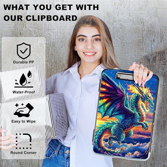 Blue Cloud Dragon A4 Clipboard with Storage Pen Holder, Clipboards Organizer Nursing Clipboard Foldable File Folder Plastic Clipboard Folio Clip Board for Office Students Classroom Doctor