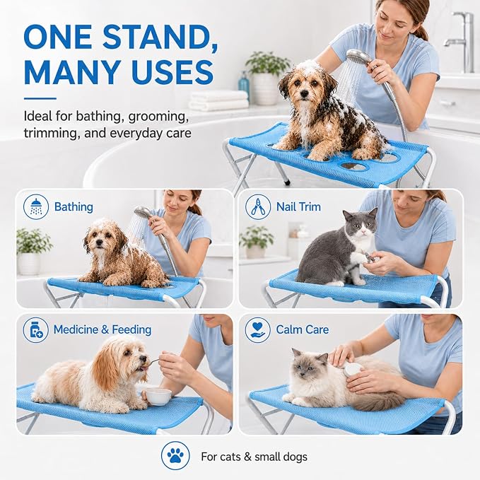 Foldable Pet Bathing Stand, Dog Grooming Hammock for Small Dogs (Blue) | Portable Dog Shower Grooming Rack, 8-Hole Quick-Dry Mesh, 44 lb Capacity, Home Washing, Trimming & Nail Care