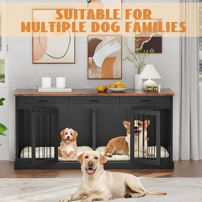 70.9 inches Double Dog Crate Furniture with 3 Drawers for Large Medium Dogs