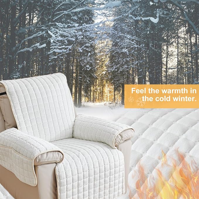 Polyester Flannel Recliner Cover, Non-Slip with 2 Side Pockets | Soft short-pile polyester with silicone backing guards armrests from pet scratches; thick one-piece cover, machine washable.