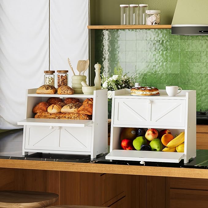 Trironsun Vintage Double Layer Bread Box for Kitchen Counter Bamboo Bread Storage Container Large Capacity Bread Storage Bin (White)