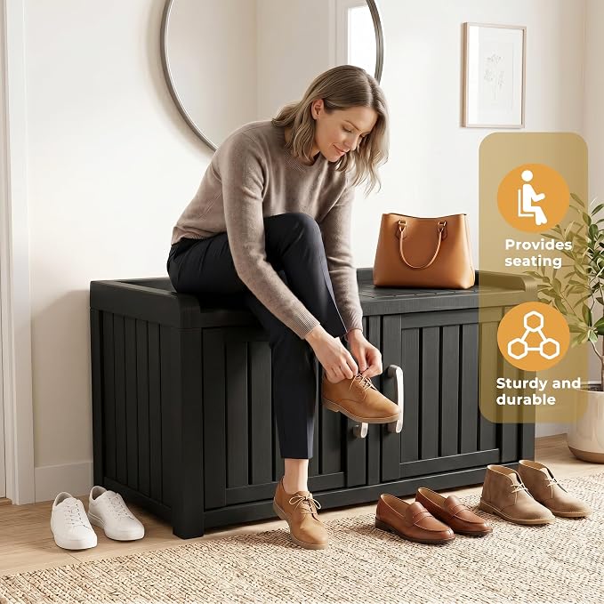 ROJIK Shoe Storage Bench, Shoe Cabinet Double Door, Black | Waterproof UV-Resistant,Storage Bench Indoor Outdoor with Adjustable Shelves,for Entryway Bedroom,Hallway,Living Room