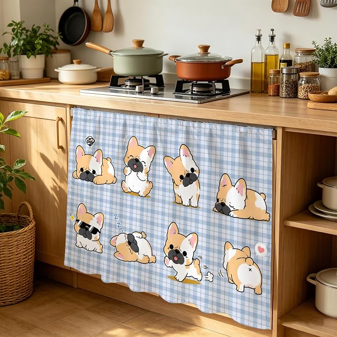 Cute Puppy Cabinet Dishwasher Hidden Curtains, Privacy Closet Door Curtain, Blue Purple Plaid Modern Funny Dogs Pet Adhesive Dust Proof Under Sink Skirt for Bathroom Kitchen 35"x35"