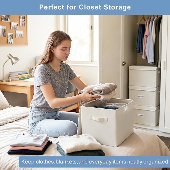 Large 22 Quart [4-Pack] Linen Fabric Foldable Storage Bin Cube Organizer Basket with Flip-Top Lid & Handles, Clothes Blanket Box for Home, Office, Closet (14.6 x 9.5 x 9.5, Beige)
