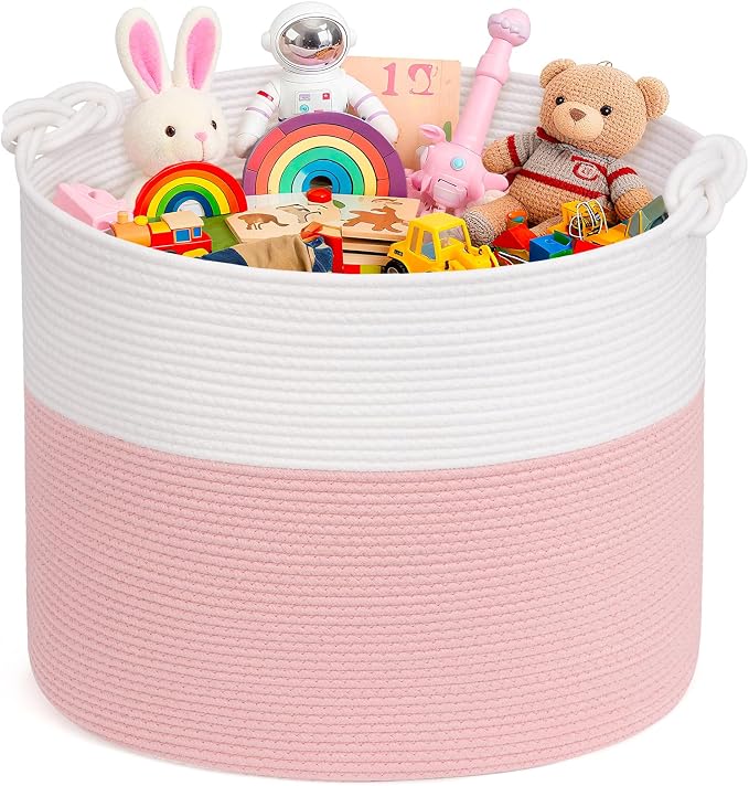 Goodpick 17"x16" Toy Storage for Kids, Home Décor Living Room, Decorative Blanket Basket for Girls Bedroom, Baby Laundry Basket With Handles, White & Pink