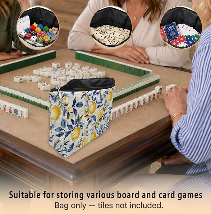Summer Lemon Themed Gifts Empty Mahjong Tile Bag 13x7.8 Inch, | Blue Yellow Printed Portable Travel Case Organizer Zipper Pouch for American Mahjong Tiles Game Night Accessories and Gifts