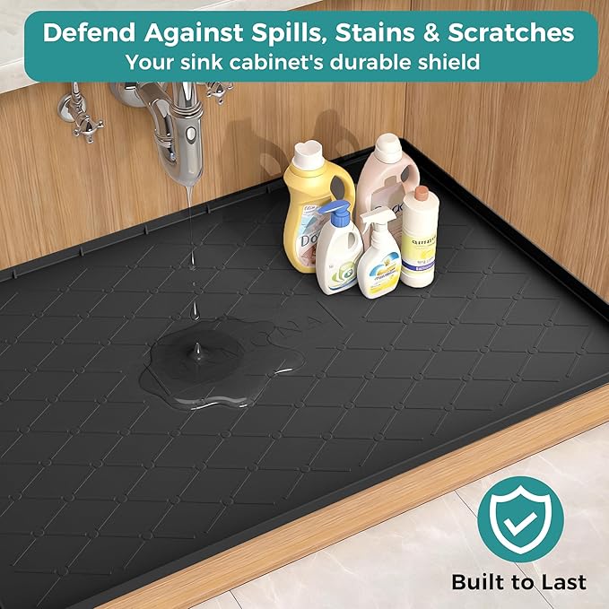 URMONA 28" x 19" Waterproof Silicone Mat in Multiple Sizes & Colors, Under Sink Mat for Kitchen & Bathroom, Pet Food Pad for Dogs & Cats, Kitchen Cabinet Liner, Multi-Purpose for Storage(Khaki)