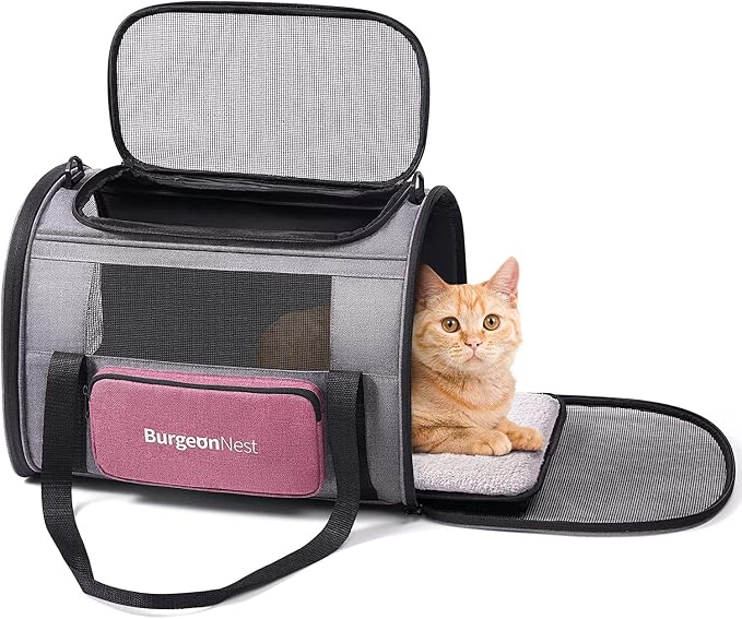BurgeonNest Soft Cat Carrier for Cats up to 20 Lbs, Top Load Pet Carry Bag | Collapsible Small Pet Carrier Soft-Sided Escape Proof with Unique Side Bag, Breathable Mesh for Car Travel, Medium Pink