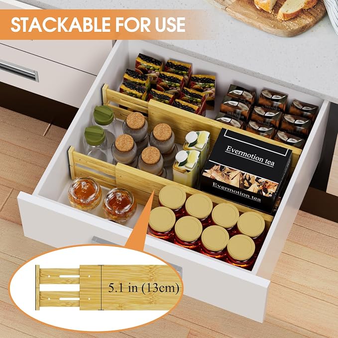 Bamboo Drawer Dividers, Adjustable Drawer Organizers, Fits 17.6–21" Drawers | 2.5" High, 4 Pack Expandable Drawer Separators for Kitchen, Nursery, Dressers & Office Storage, Natural