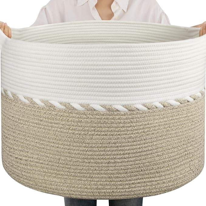 OIAHOMY 105L Extra Large Blanket Basket - Decorative Cotton Rope Storage Basket for Bedroom, Living Room & Nursery - Woven Laundry Hamper for Organizing Blankets, Clothes & Toys - Light Brown & White