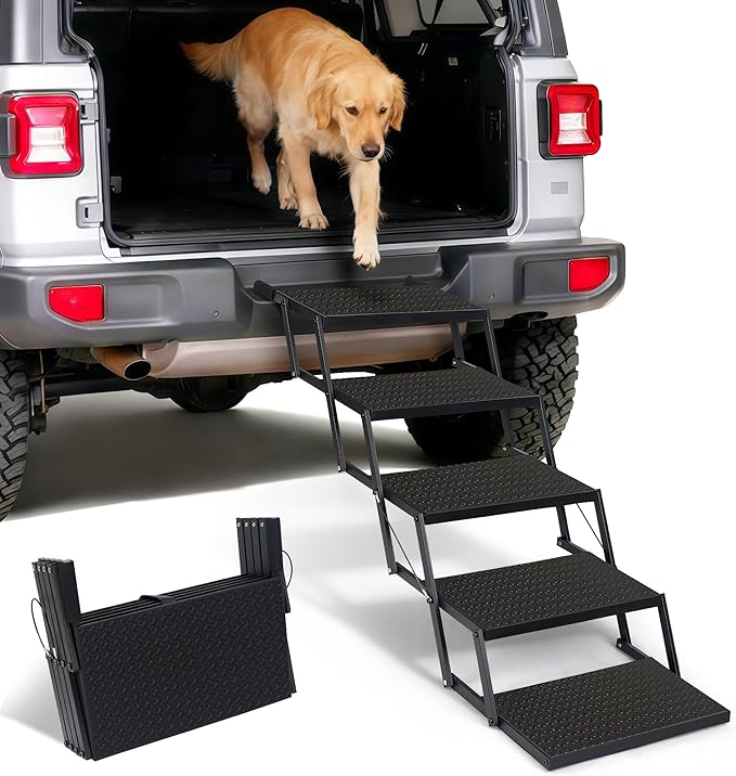 Foldable Dog Car Steps - Upgraded Non-Slip Pet Stairs for Large Dogs, Portable Metal Frame Dog Ramps for High SUV, Truck and Cars, Lightweight Pet Ladder with High Load-Bearing Capacity (5 Steps)
