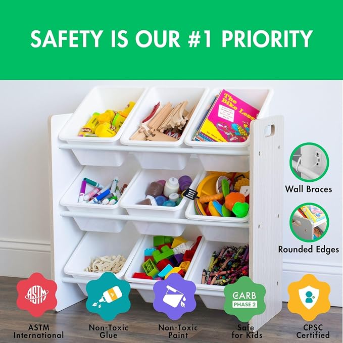 Humble Crew Kids Toy Organizer with 9 Bins, 3 Tier Storage for Playroom | Sturdy wood and steel toddler shelf, removable BPA-free containers, wall anchor anti-tip safety kit for bedroom or classroom