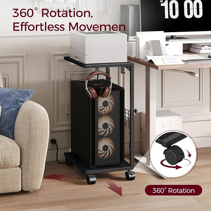 PC Stand, Height Adjustable Computer Tower Stand, 19.7"-31.5" H, Computer Cart with Charging Station, Wheels and Hooks, CPU Holder for Floor, Carpet and Under Desk, Easy Assembly, Black