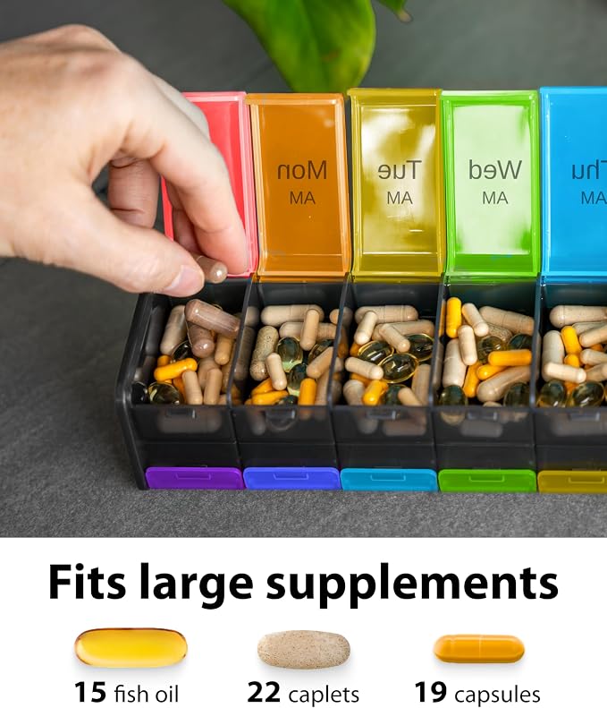 Extra Large Pill Organizer- XXL Pill Box 7 Day - Weekly Pill Organizer with AM PM Large Compartments Big Pill Case for Supplements Jumbo Pill Holder for Vitamins Huge Medicine Organizer 2 Times a Day