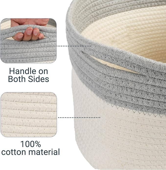 Cotton Rope Dog Toy Basket, Small Basket with Handles, Woven Storage Bin for Dogs Pets, 15x10x9 inch Pet Basket Container Holder for Toys, White and Grey