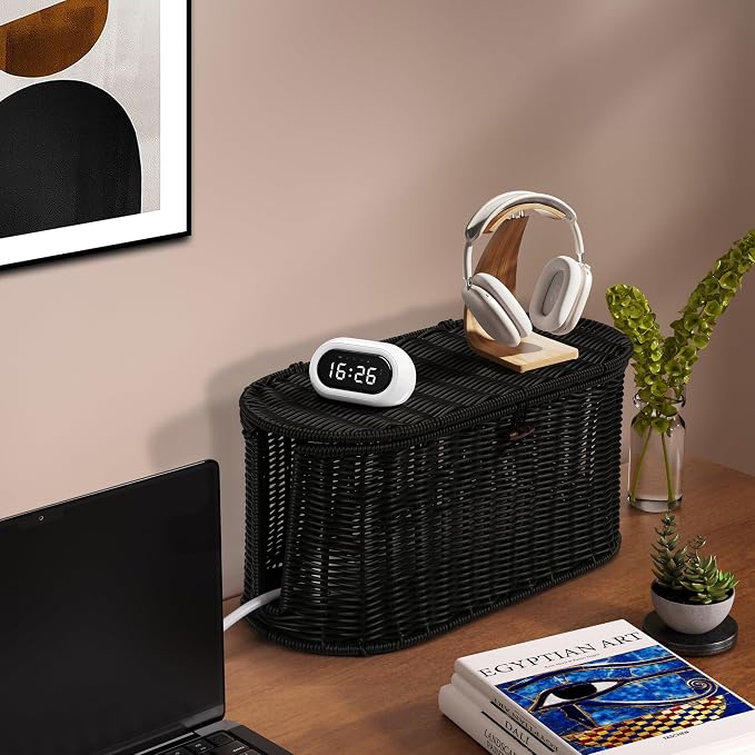 Oval Rattan Style Cable Management Box, Cable Organizer Button Loop Closure