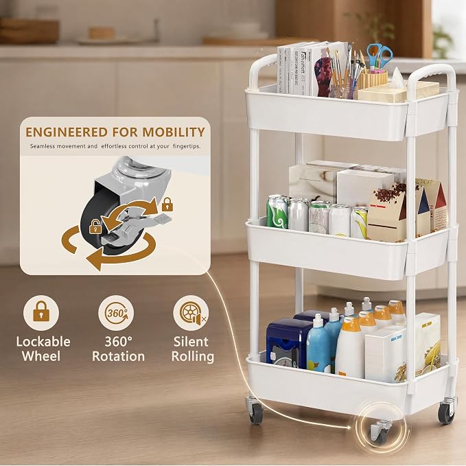 Laiensia 3-Tier Rolling Cart with Wheels,Multifunction Utility Storage Carts, Kitchen Storage Organizer,Mobile Shelving Unit for Bathroom,Laundry,with Classified Stickers,White (Pack of 2)