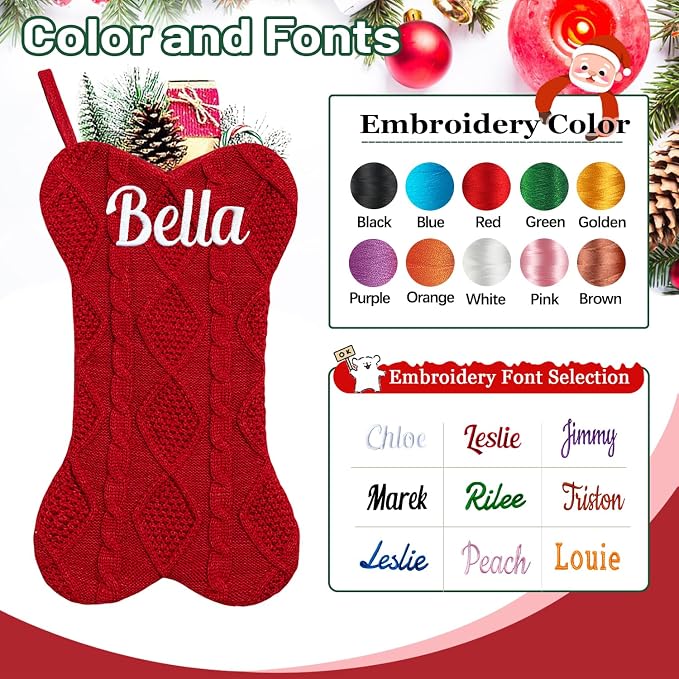 Personalized Pet Christmas Stocking,18 inch Custom Name Knit Christmas Stockings for Dog，Large Rhombic Bone Pet Xmas Stockings (3pc)