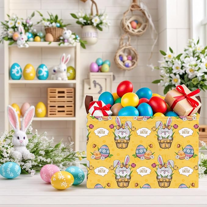 Large Cute Easter Basket for Kid Empty Gift Baby Rectangle Storage Bin Bunny Eggs Boy＆Girl Room Décor (Tulip Rabbit Yellow)