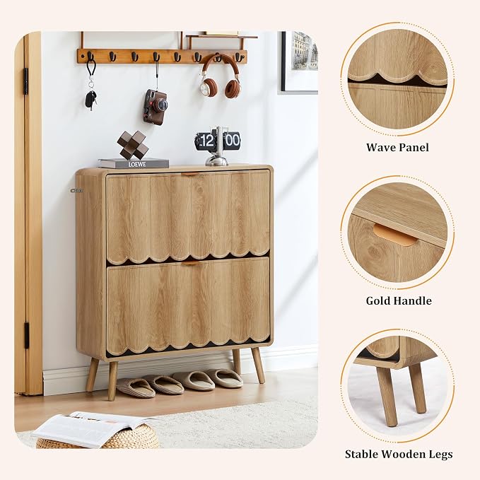 Shoe Storage Cabinet for Entryway with 2 Flip Drawers, Freestanding Narrow Wooden Shoe Cabinet with Wave Panel, Hidden Shoe Organizer for Foyer, Hallway (Natural)