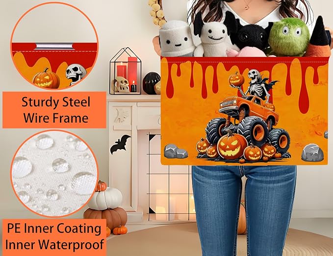 Large Halloween Themed Candy Gift Boo Basket for Kids Baby Personalized Adults Storage Bin Fall Decor(Skeleton Monster Truck)